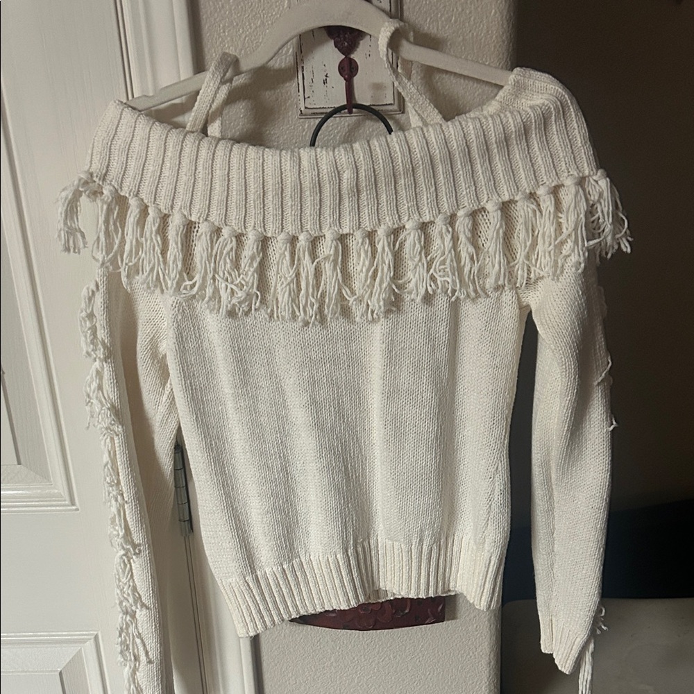 Shyanne Cream Off-Shoulder Fringe Sweater
